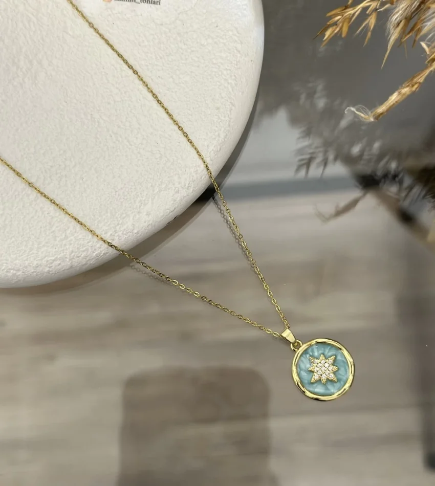 Çelik Mavi Mineli Kuzey Yıldızı Kolye (40+5 cm)