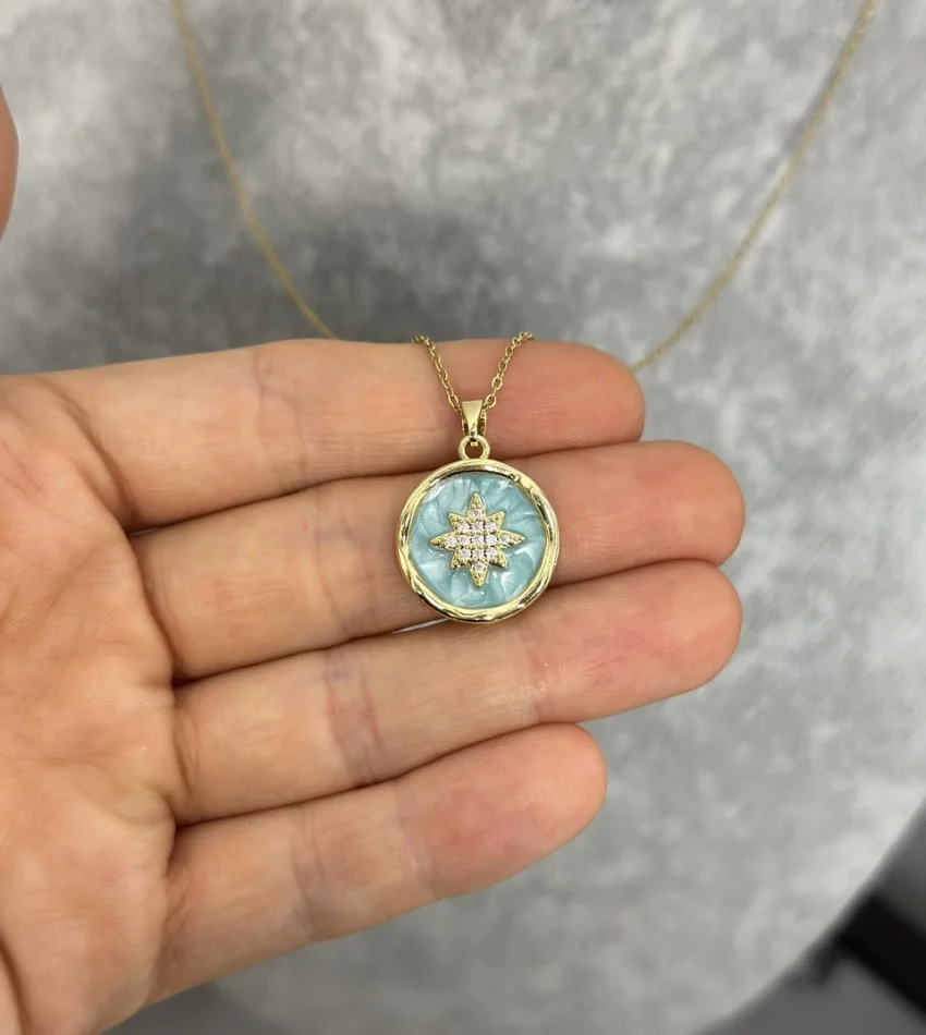 Çelik Mavi Mineli Kuzey Yıldızı Kolye (40+5 cm)