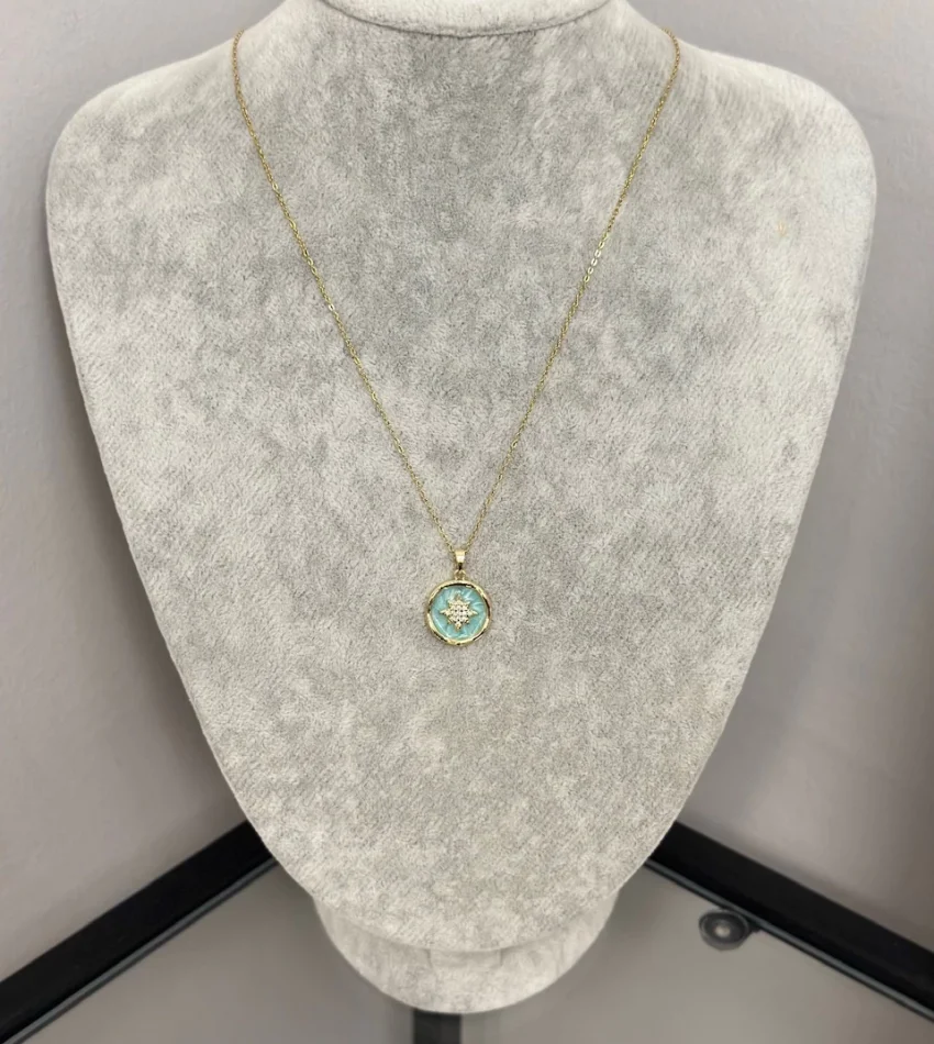 Çelik Mavi Mineli Kuzey Yıldızı Kolye (40+5 cm)