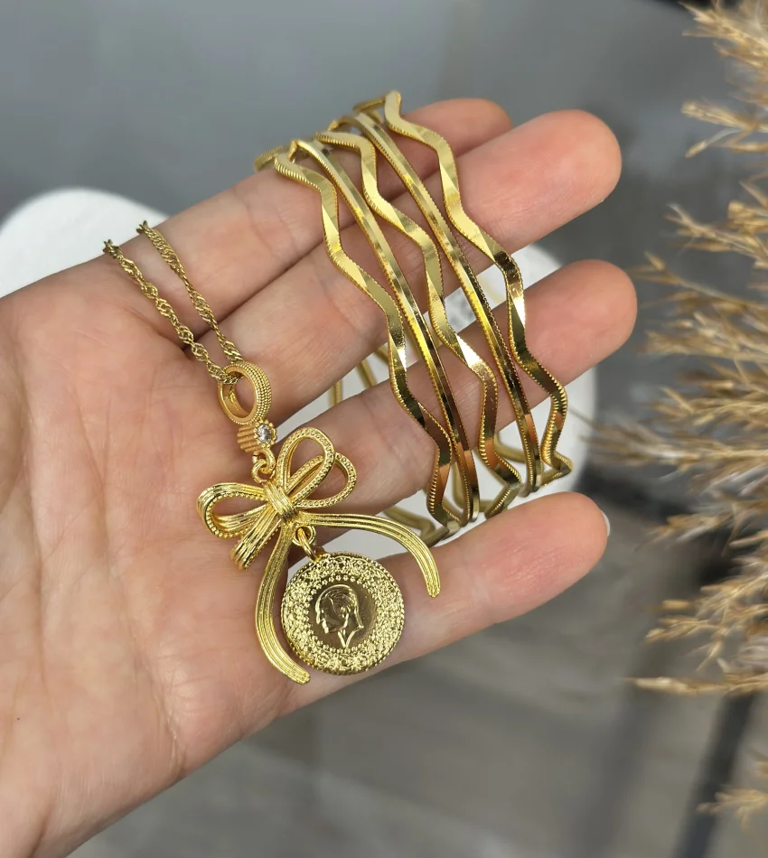 22 Ayar Fiyonk Kolye-Oluklu Ajda Kombini (Kolye Topçuklu zincir olarak gönderilecektir)