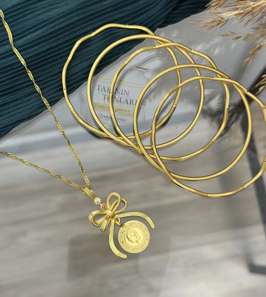 22 Ayar Fiyonk Kolye-Oluklu Ajda Kombini (Kolye Topçuklu zincir olarak gönderilecektir)