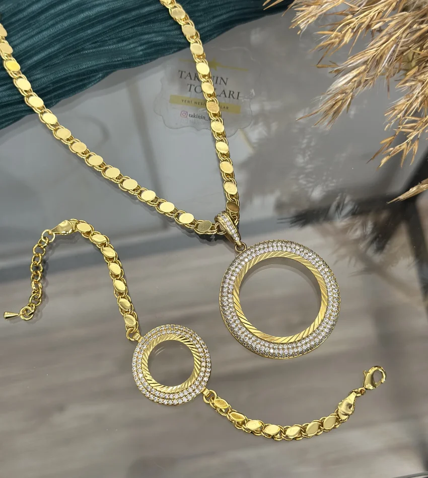 22 Ayar Çift Sıra Taşlı Tam Altınlık Kolye-Çeyrek Bileklik