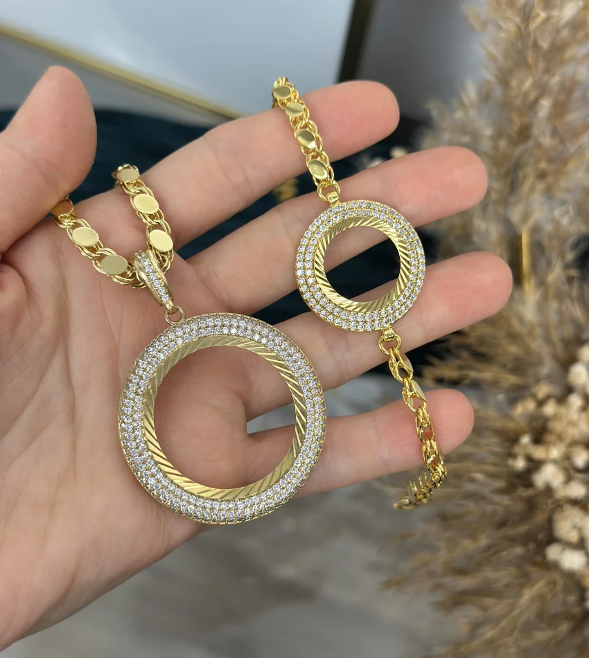 22 Ayar Çift Sıra Taşlı Tam Altınlık Kolye-Çeyrek Bileklik