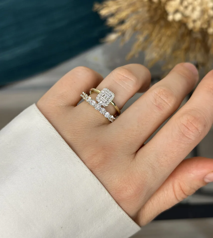 14 Ayar Kaplama İkili Tam Tur-Baget Tek Taşlı Yüzük