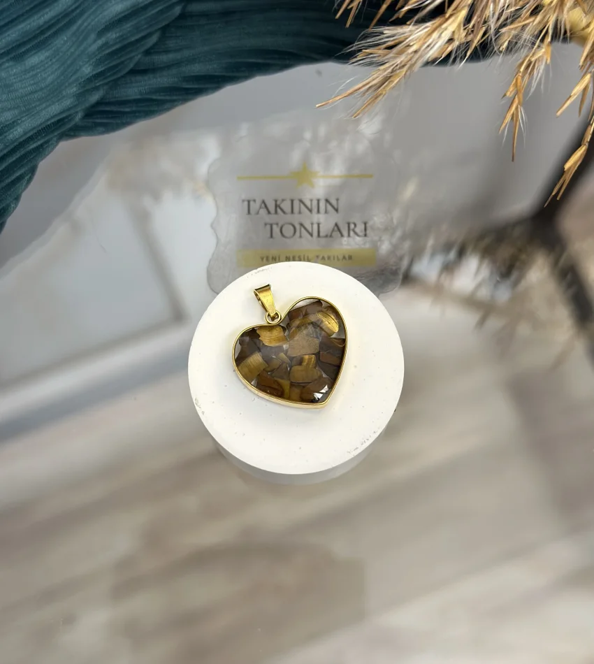 Kaplan Gözü Doğal Taş Kalpli Çelik Kolye Ucu