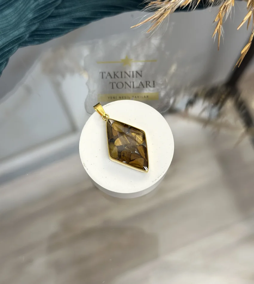 Kaplan Gözü Doğal Taş Baklava Model Çelik Kolye Ucu