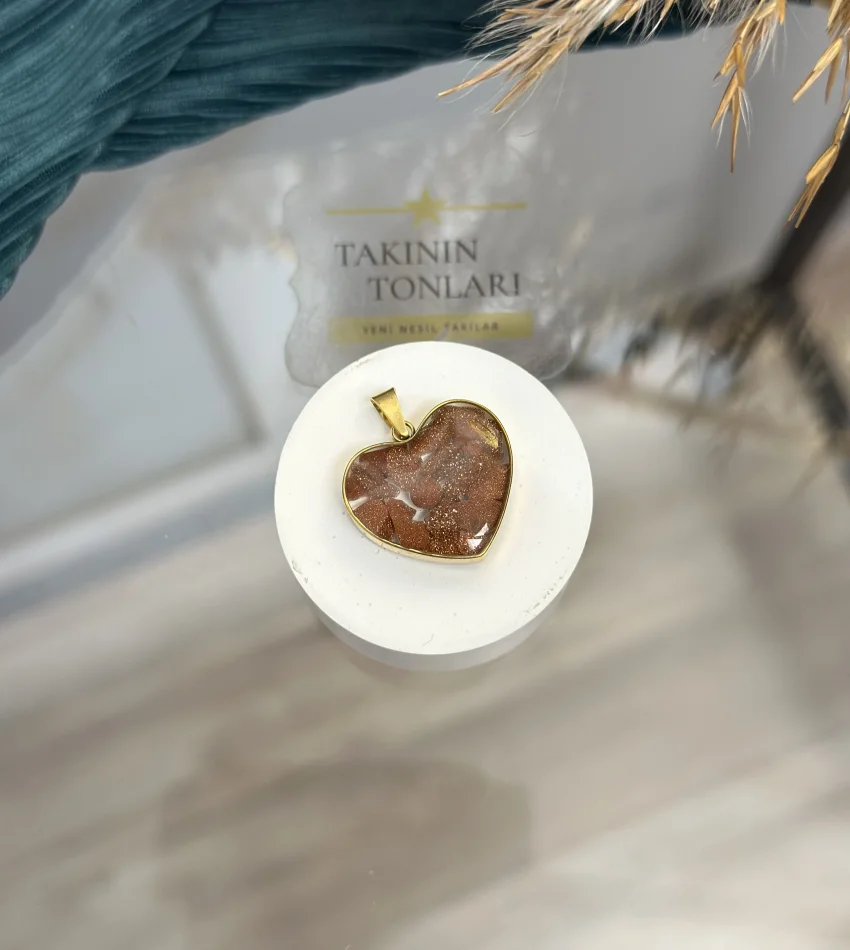 Yıldız Taşı Doğal Taş Kalpli Çelik Kolye Ucu