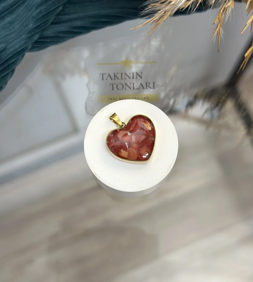 Mercan Taşı Doğal Taş Kalpli Çelik Kolye Ucu