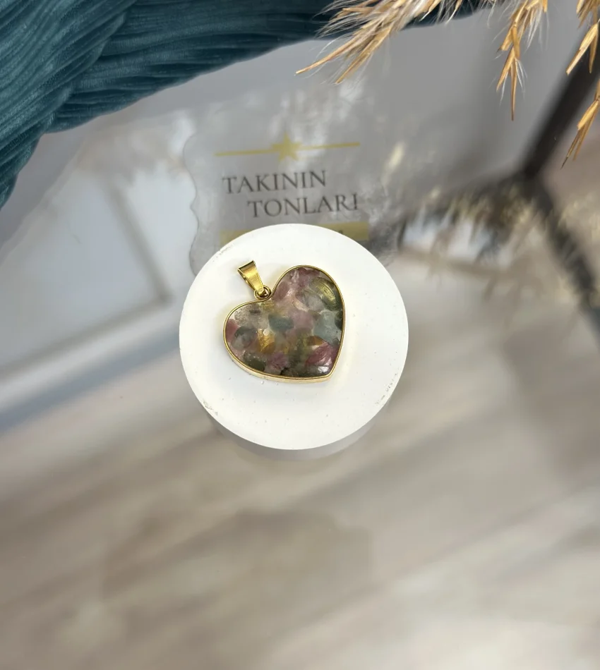 Florit Taşı Doğal Taş Kalpli Çelik Kolye Ucu