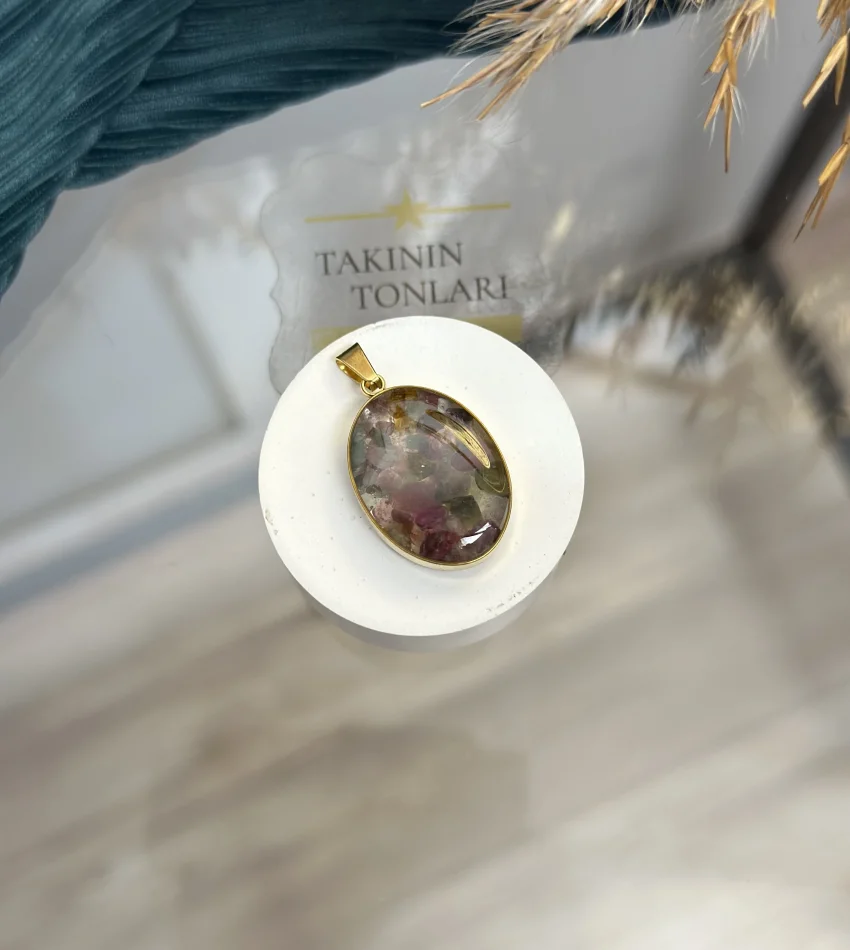 Florit Taşı Doğal Taş Oval Model Çelik Kolye Ucu