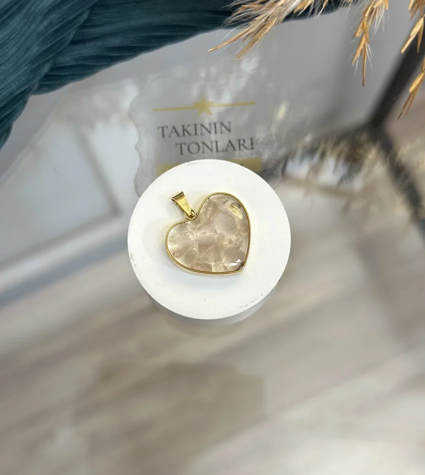 Pembe Kuvars Doğal Taş Kalpli Çelik Kolye Ucu