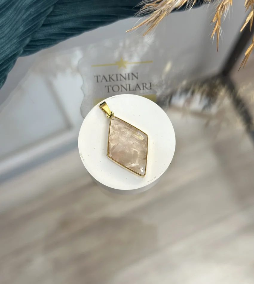 Pembe Kuvars Doğal Taş Baklava Model Çelik Kolye Ucu