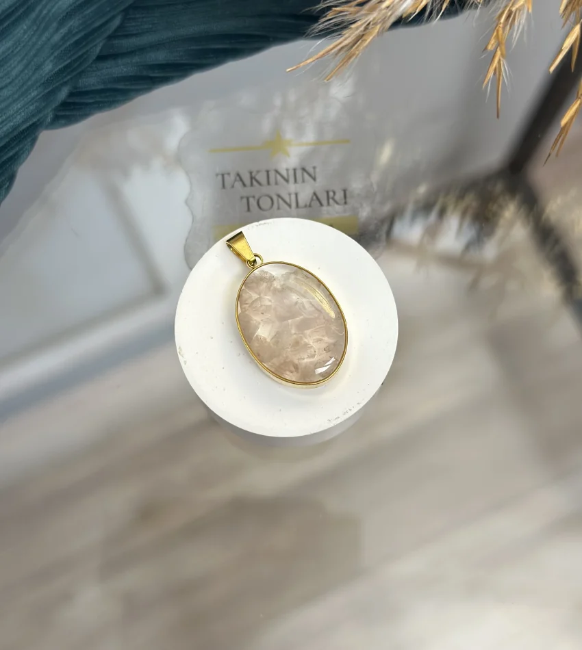 Pembe Kuvars Doğal Taş Oval Model Çelik Kolye Ucu