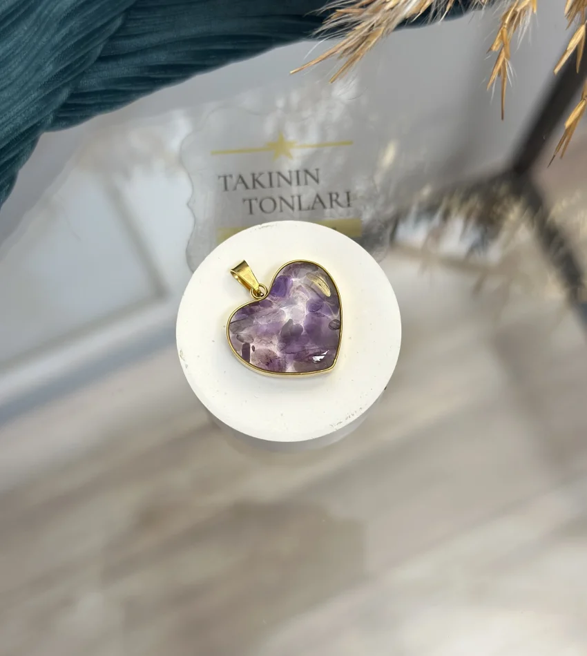Ametist Taşı Doğal Taş Kalpli Çelik Kolye Ucu