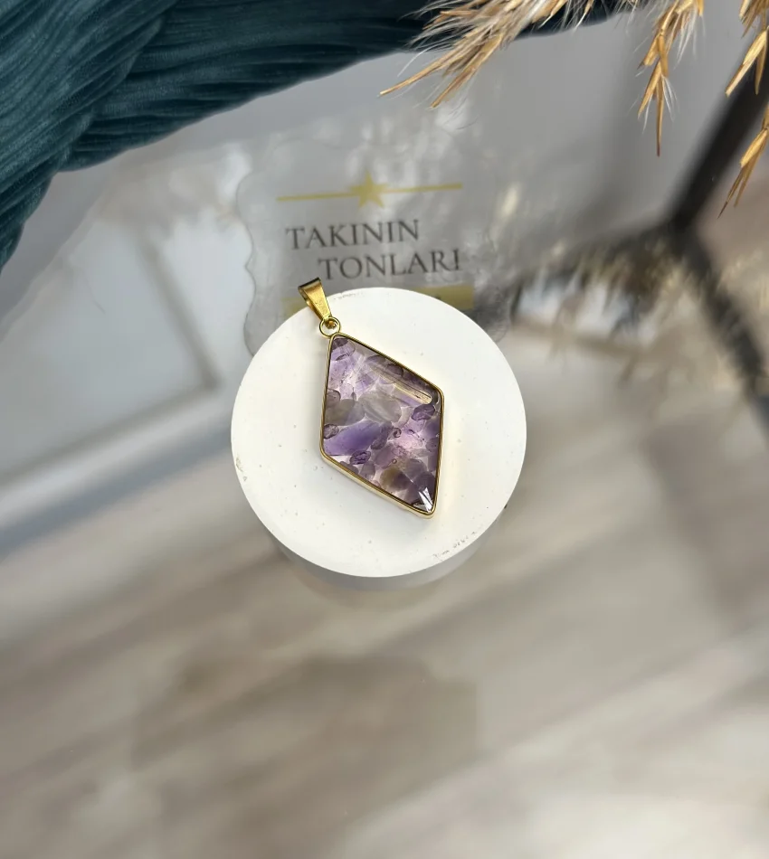 Ametist Taşı Doğal Taş Baklava Model Çelik Kolye Ucu