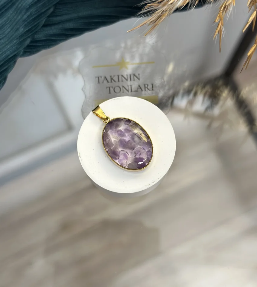 Ametist Taşı Doğal Taş Oval Model Çelik Kolye Ucu