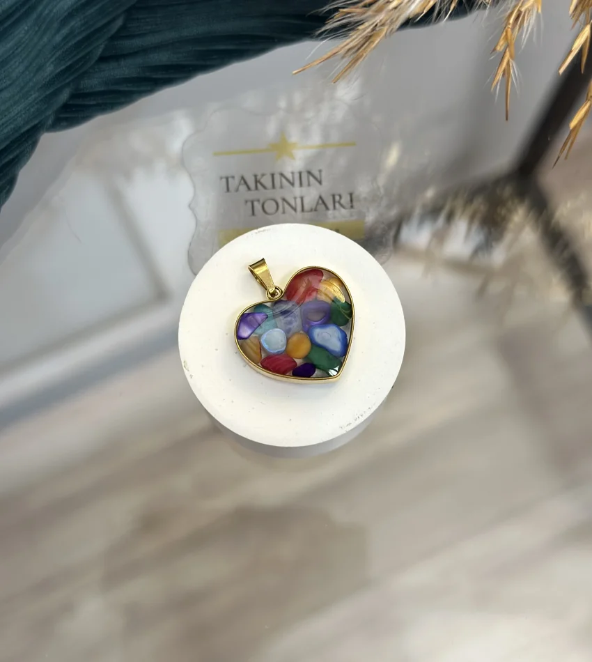 7 Çakra Taşı Doğal Taş Kalpli Çelik Kolye Ucu