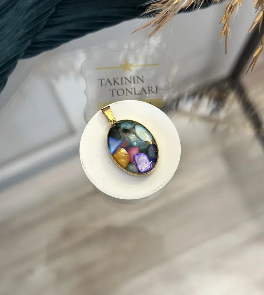 7 Çakra Taşı Doğal Taş Oval Model Çelik Kolye Ucu