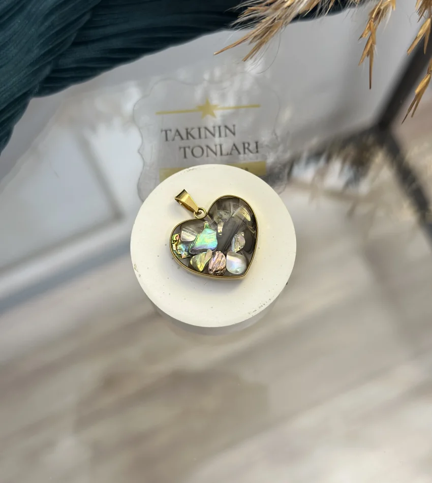 Labradorit Taşı Doğal Taş Kalpli Çelik Kolye Ucu