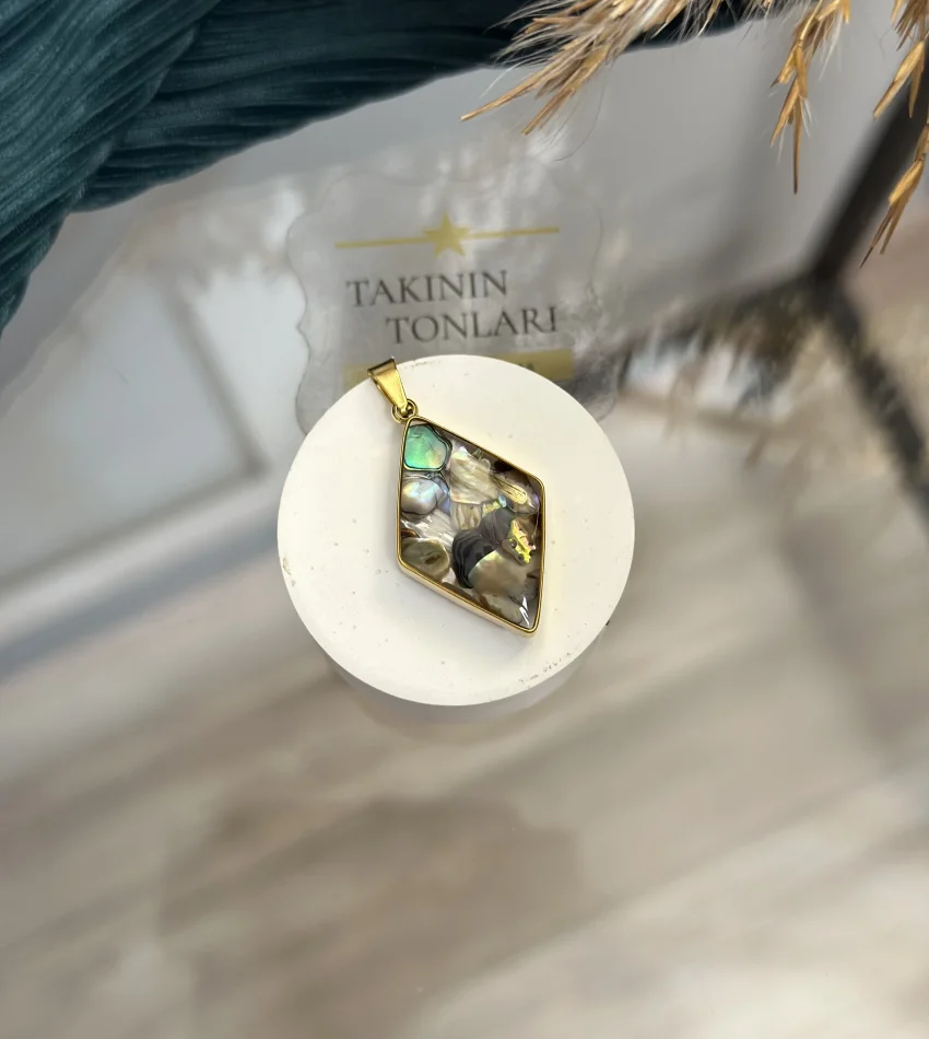 Labradorit Taşı Doğal Taş Baklava Model Çelik Kolye Ucu