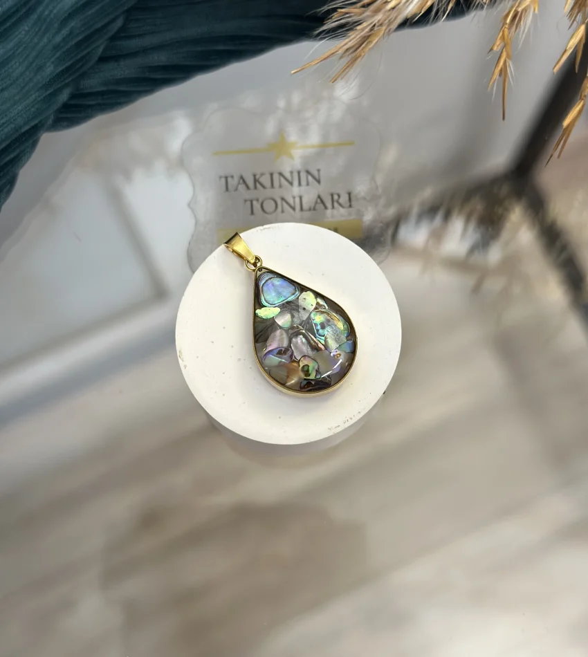 Labradorit Taşı Doğal Taş Damla Model Çelik Kolye Ucu