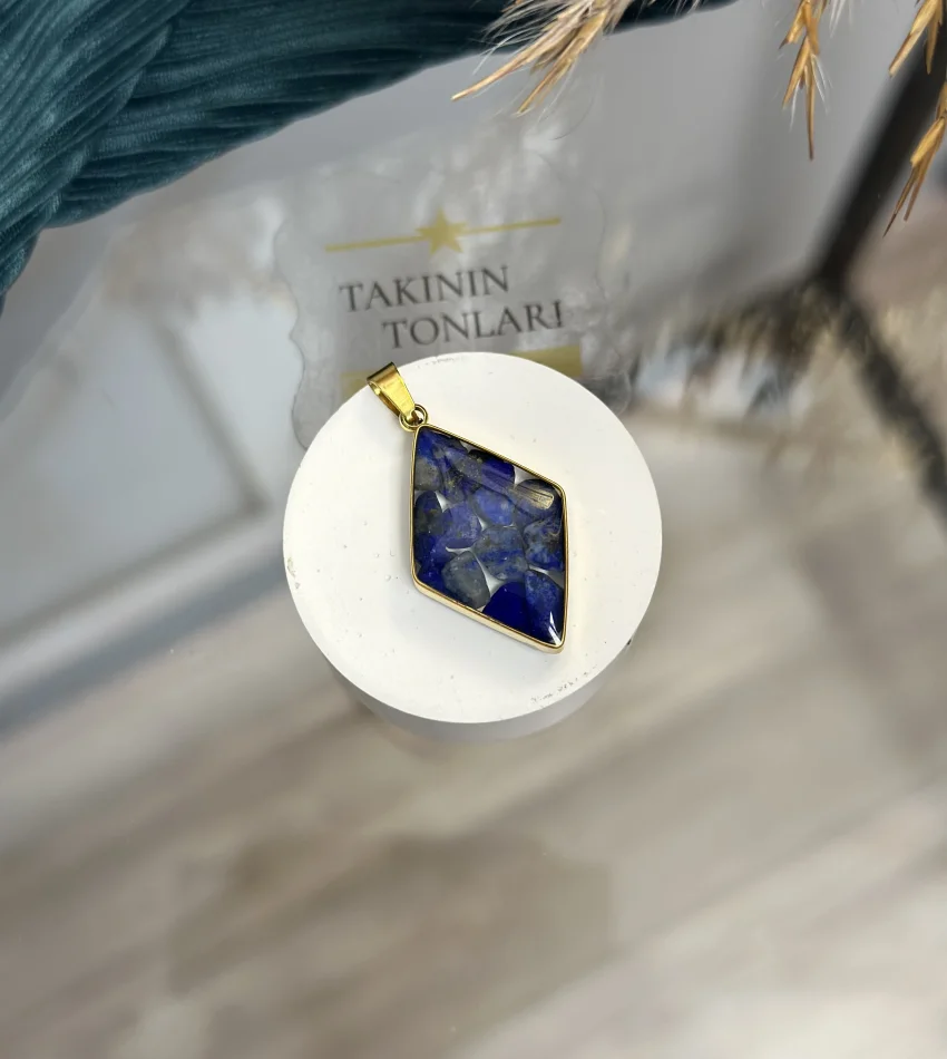 Lapis Lazuli Doğal Taş Baklava Model Çelik Kolye Ucu