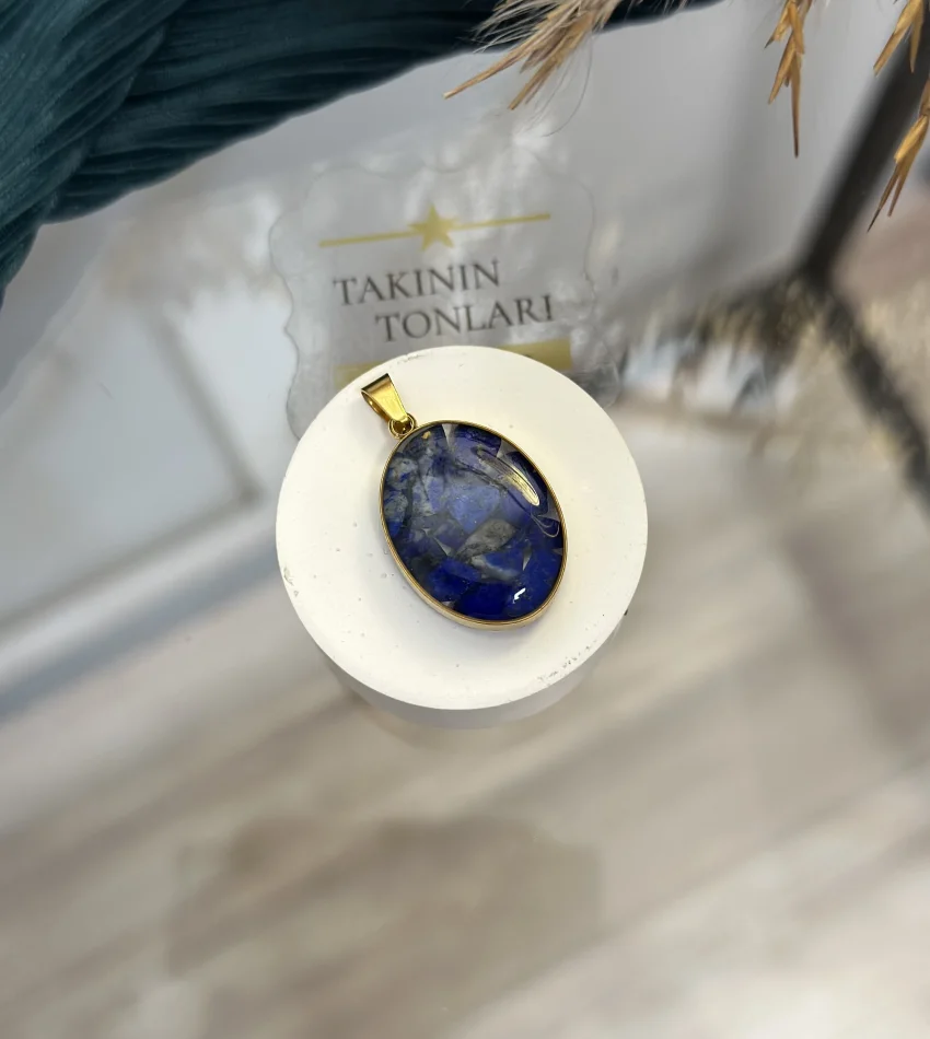 Lapis Lazuli Doğal Taş Oval Model Çelik Kolye Ucu
