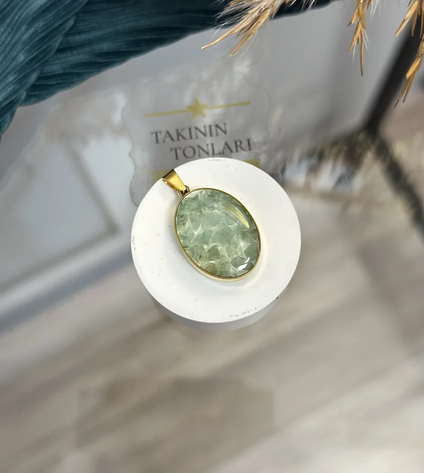 Yeşim Taşı Doğal Taş Oval Model Çelik Kolye Ucu