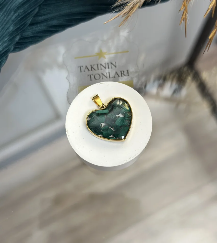 Malakit Taşı Doğal Taş Kalpli Çelik Kolye Ucu