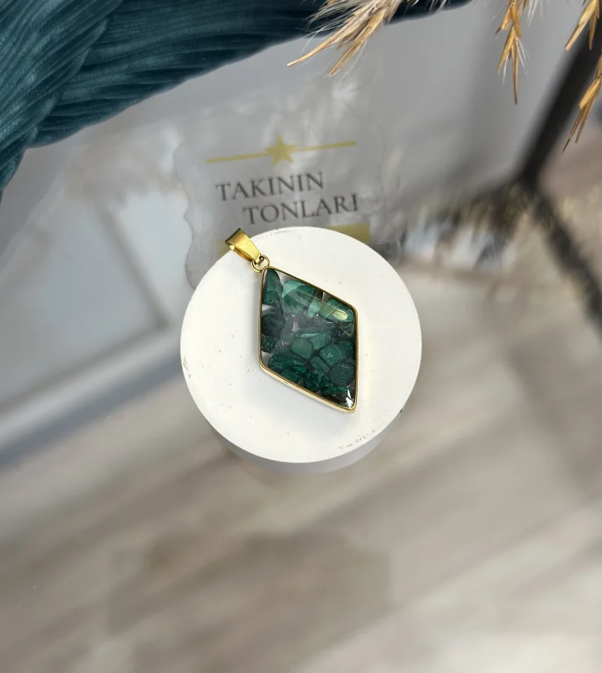 Malakit Taşı Doğal Taş Baklava Model Çelik Kolye Ucu