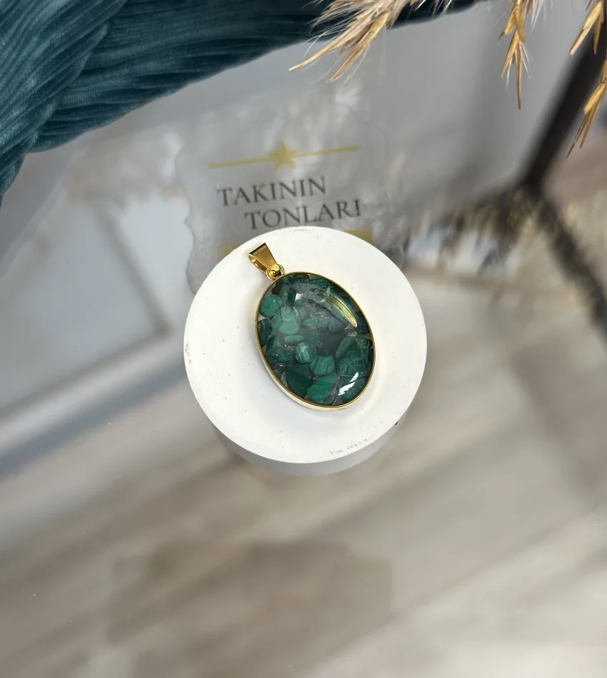 Malakit Taşı Doğal Taş Oval Model Çelik Kolye Ucu