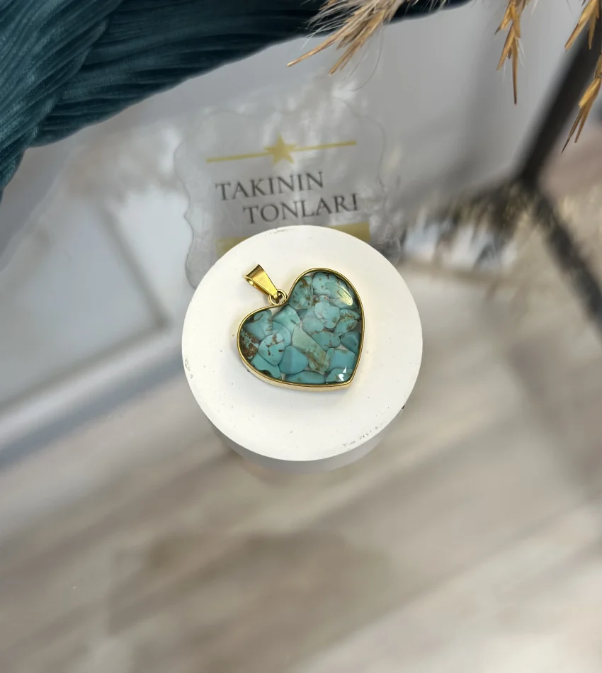Turkuaz Taşı Doğal Taş Kalpli Çelik Kolye Ucu
