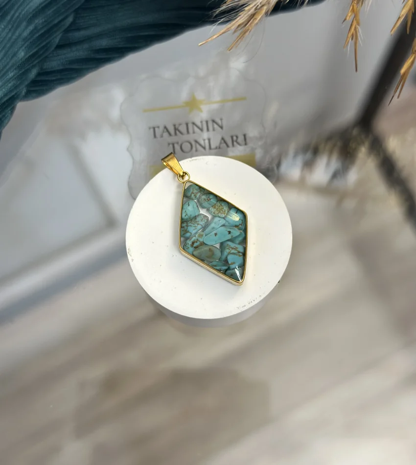 Turkuaz Taşı Doğal Taş Baklava Model Çelik Kolye Ucu