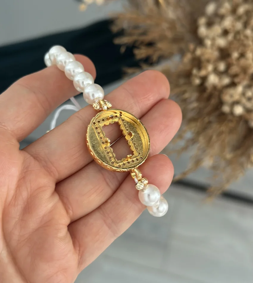 Gram Altınlık Yuvarlak İşlemeli İncili Bileklik (Suyolu Hediye)