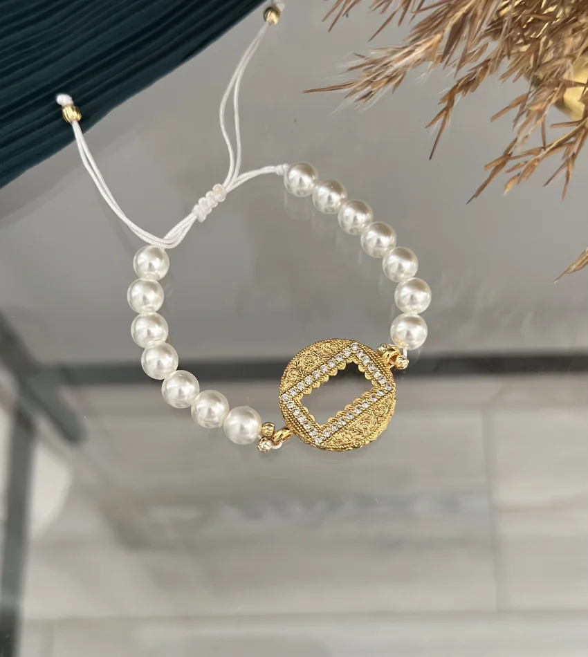 Gram Altınlık Yuvarlak İşlemeli İncili Bileklik (Suyolu Hediye)