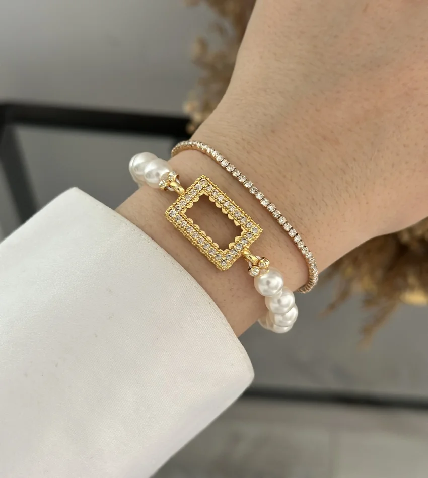 İncili Gram Altınlık Dikdörtgen Bileklik (Suyolu Hediye)