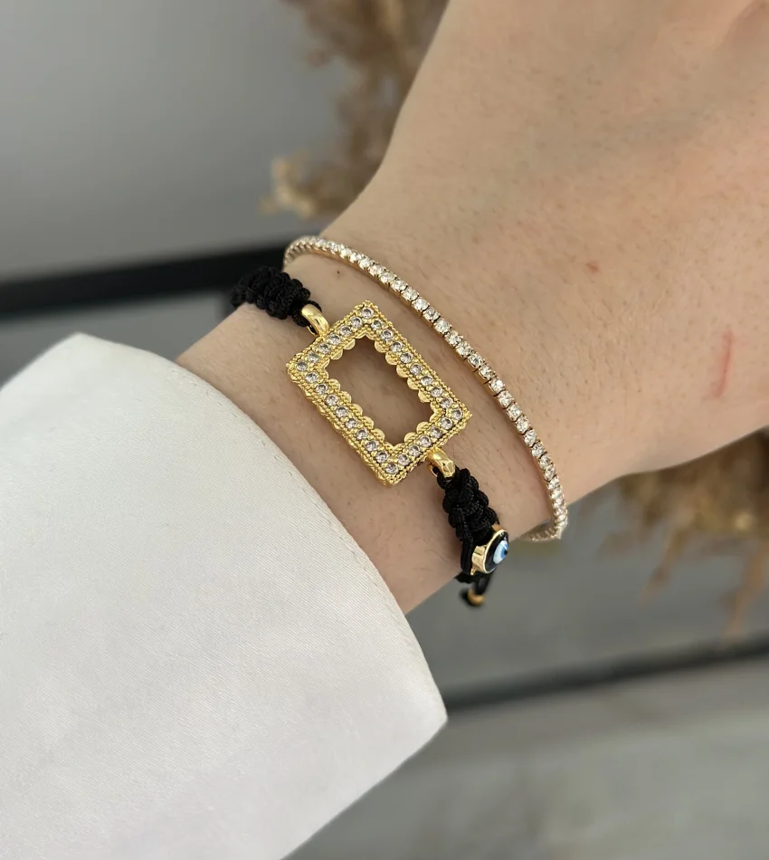 Siyah Makrome Gram Altınlık Nazarlı Bileklik (Suyolu Hediyeli)