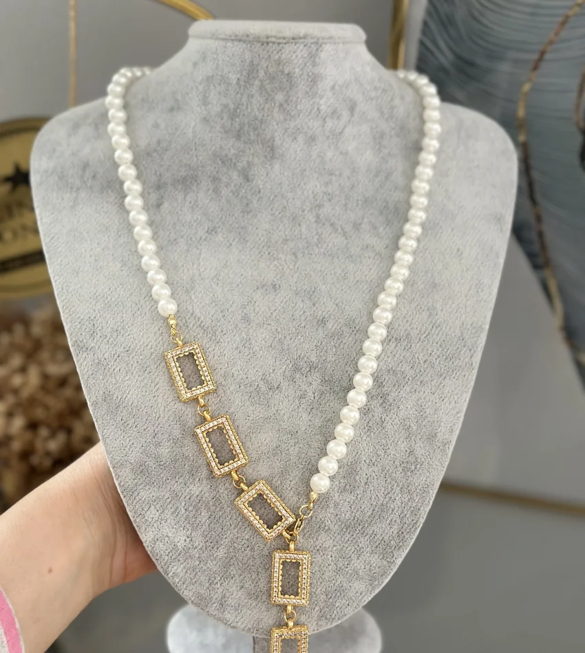 İncili Gram Altınlık Y Kolye-Bileklik Kombini