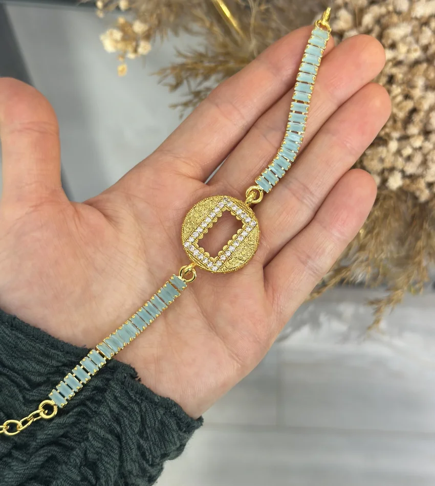 Yuvarlak Gram Altınlık Mavi Baget Bileklik (17.5+3 cm)