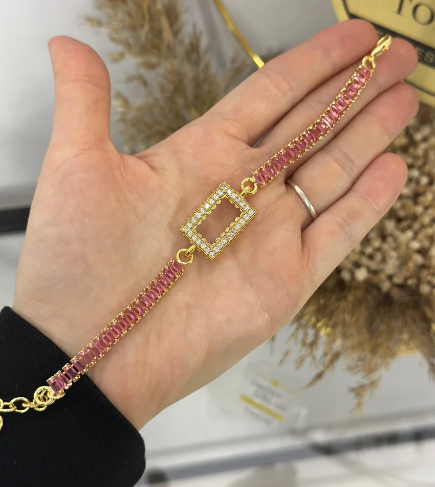 Gram Altınlık Dikdörtgen Pembe Baget Bileklik (17.5+5 cm)
