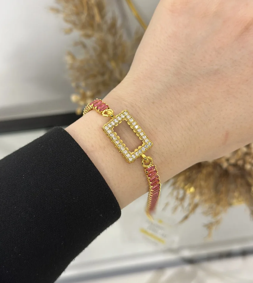 Gram Altınlık Dikdörtgen Pembe Baget Bileklik (17.5+5 cm)