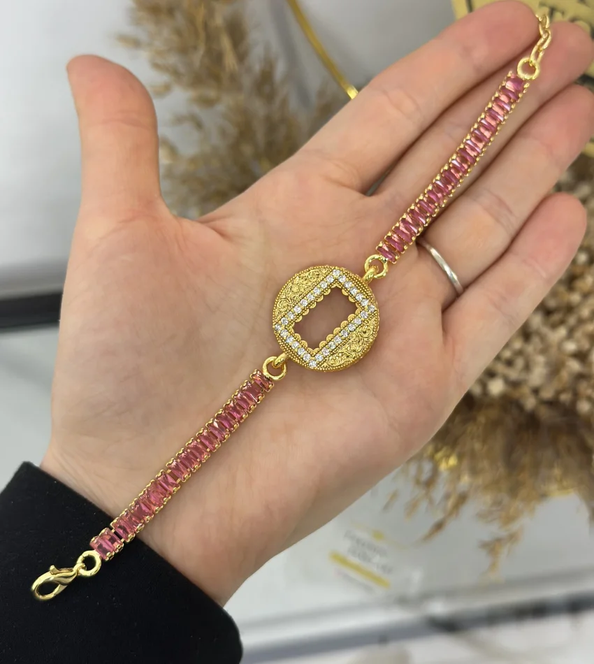 Gram Altınlık Yuvarlak Pembe Baget Bileklik (17.5+5 cm)