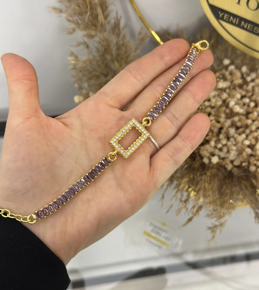 Gram Altınlık Dikdörtgen Mor Baget Bileklik (17.5+3 cm)