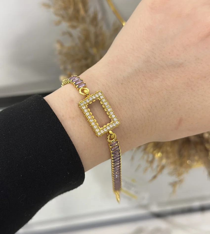 Gram Altınlık Dikdörtgen Mor Baget Bileklik (17.5+3 cm)