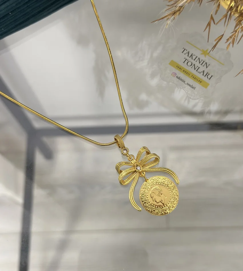 Yarım Altınlı Çelik Zincirli Fiyonk Kolye
