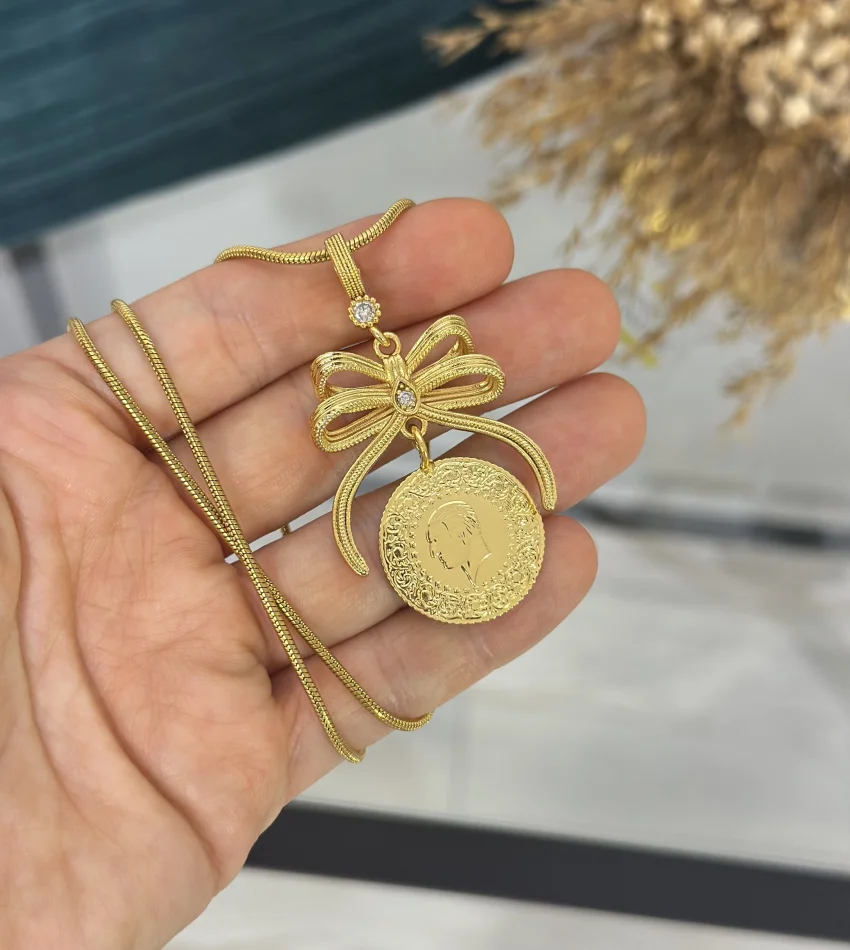 Yarım Altınlı Çelik Zincirli Fiyonk Kolye