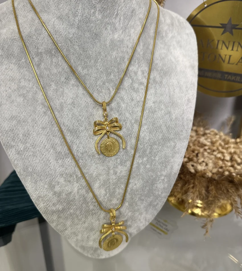 Yarım Altınlı Çelik Zincirli Fiyonk Kolye