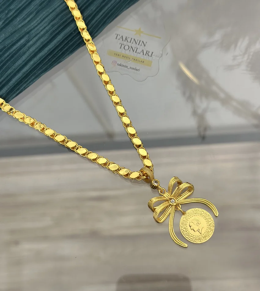 Arpa Zincirli Çeyrekli Fiyonk Kolye (60 cm)