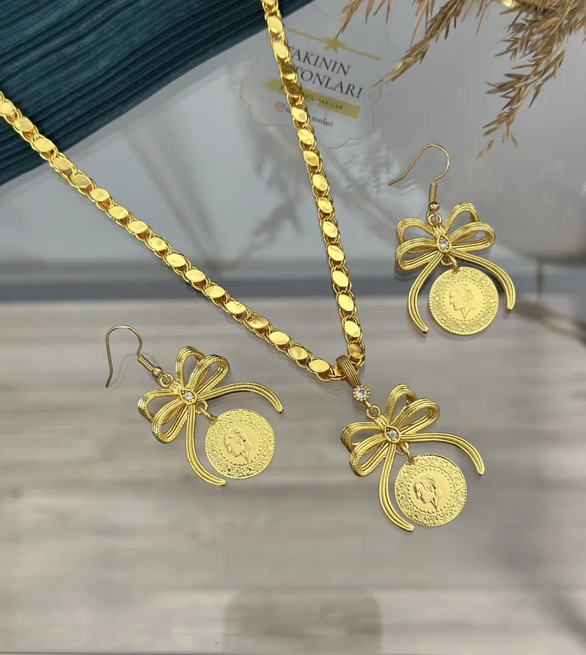 Çeyrekli Fiyonk Arpa Kolye-Küpe Set (60 cm)