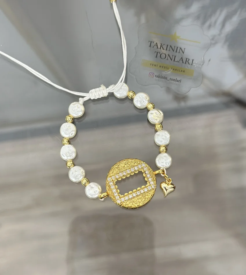 Yuvarlak Gram Altınlık Yassı İncili Kalpli Bileklik